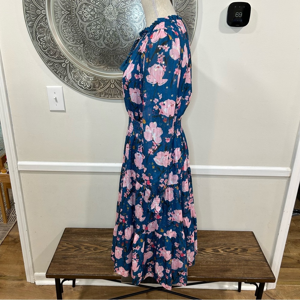 Jade - Melody Tam Blue Midi Dress with Pink Flowers - Gold Accents Size M - Picture 8 of 10